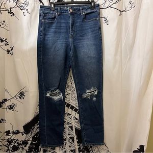American Eagle Mom Jeans Distressed High Rise Dark Wash Denim Size 8
